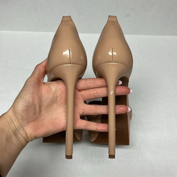 Nude patent square peep toe tall platform heels 7.5 weddingguest party glam sexy - Picture 10 of 13
